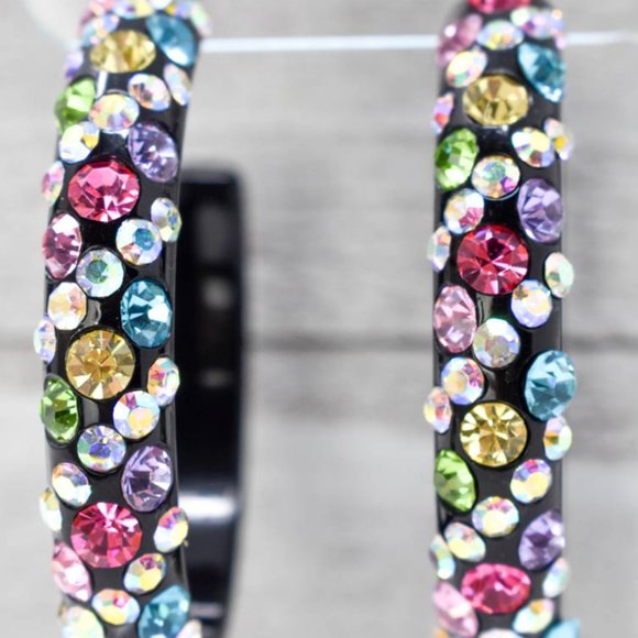 2.5" Light Multicolor Rhinestone Hoop Earrings - Picture 3 of 7